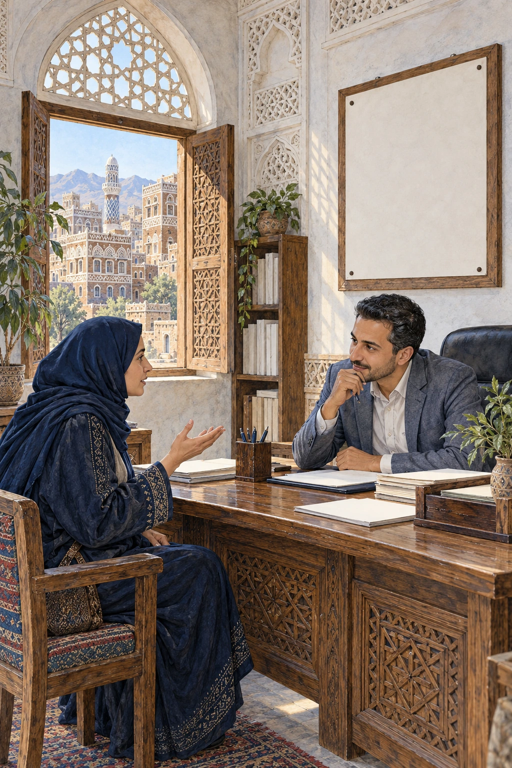 مسؤول يستمع لمواطن أمام قواعد معلنة وخدمة متاحة للجميع