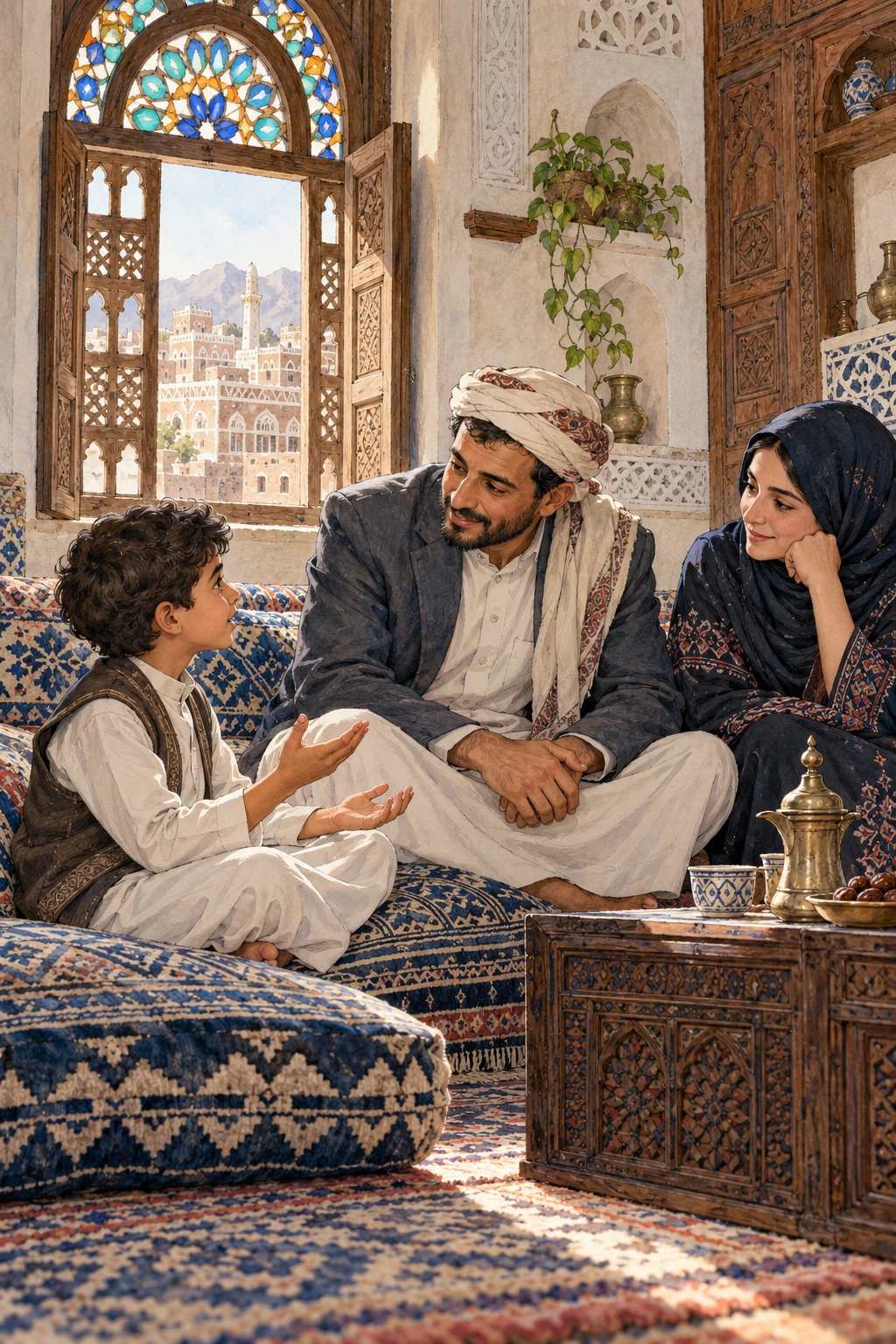 أب يستمع لسؤال طفله في مجلس عائلي