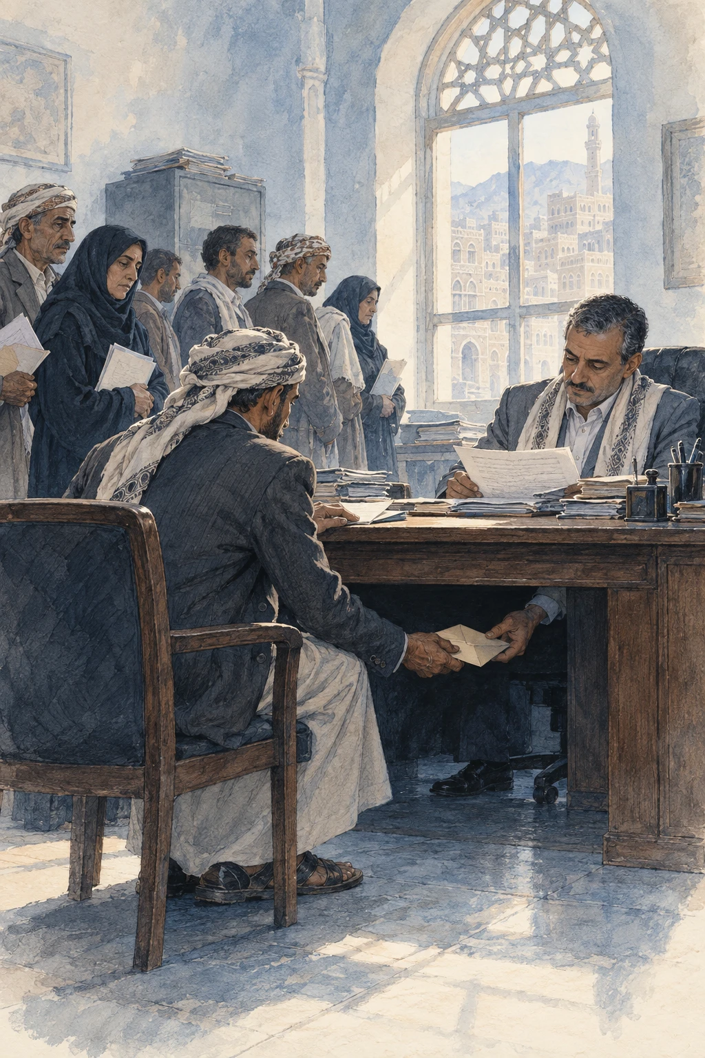 تبادل مال خفي خلف مكتب بينما ينتظر المراجعون