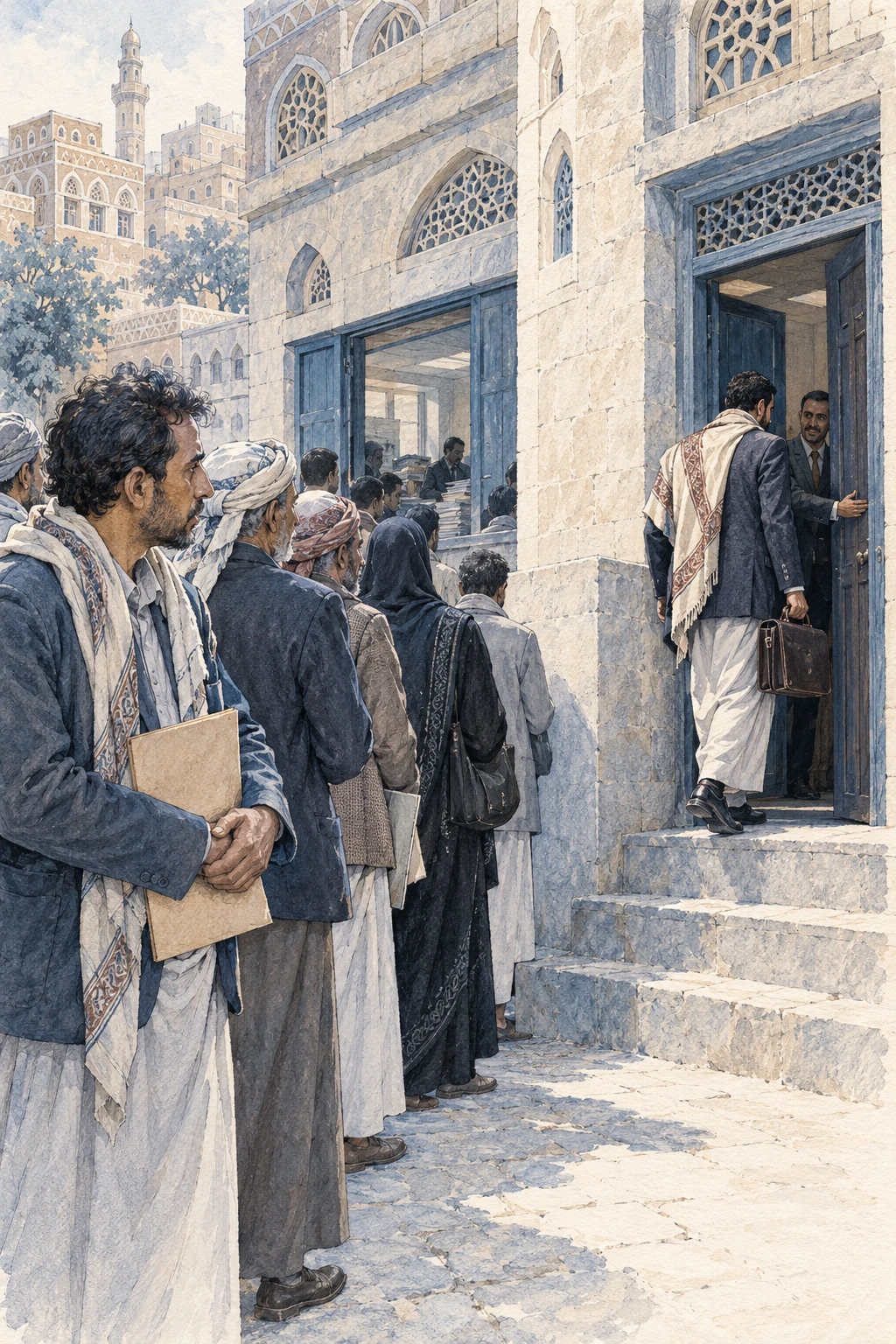 طابور انتظار وباب جانبي يوضح أثر الواسطة