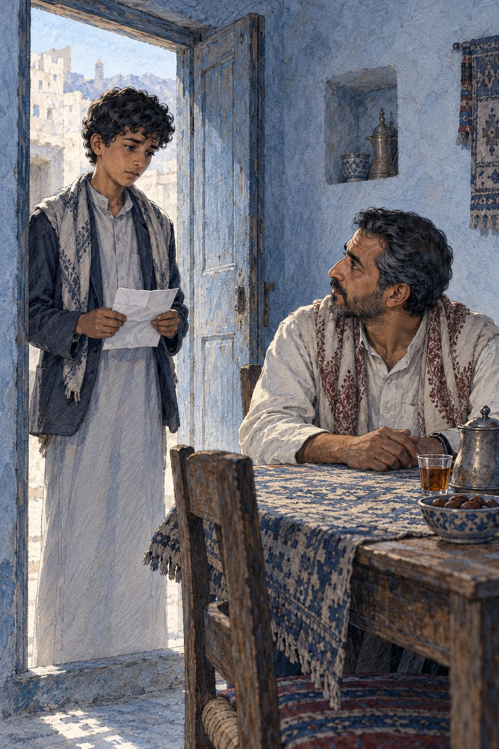 ابن يحمل ورقة المدرسة عند الباب