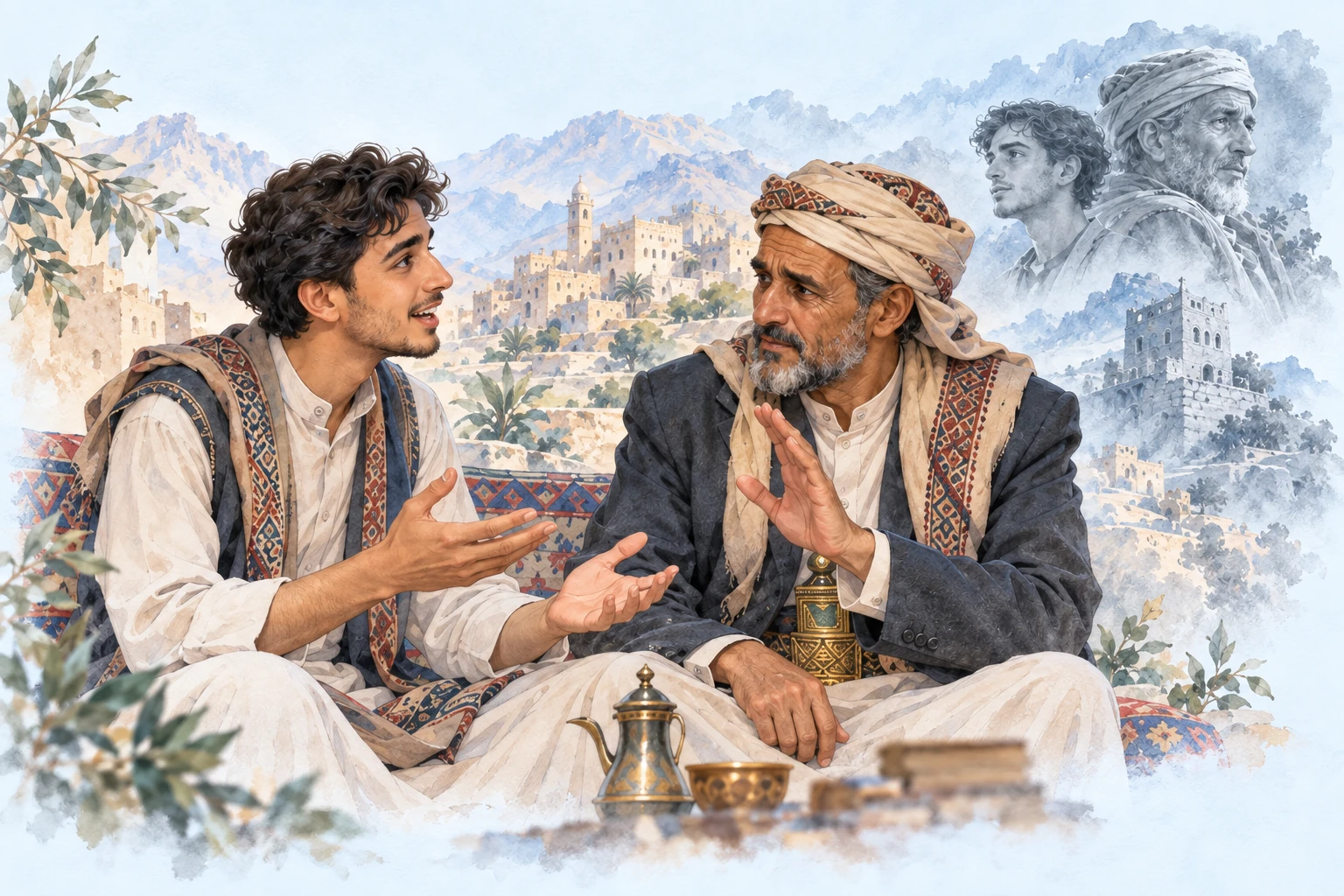 أب وابنه يتحاوران وخلف الأب ذكريات من ماضيه والأجيال السابقة