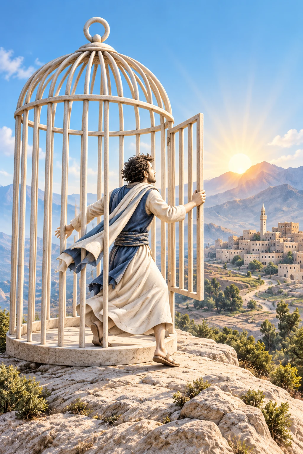 شاب يخرج من قفص مفتوح نحو الأفق
