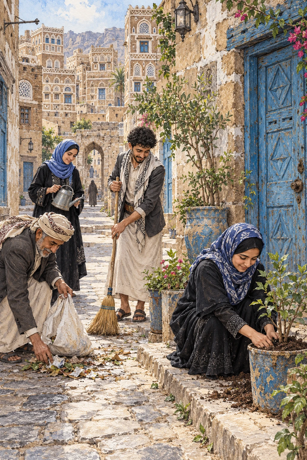 نساء ورجال من الحي ينجزون تحسينًا صغيرًا في شارعهم