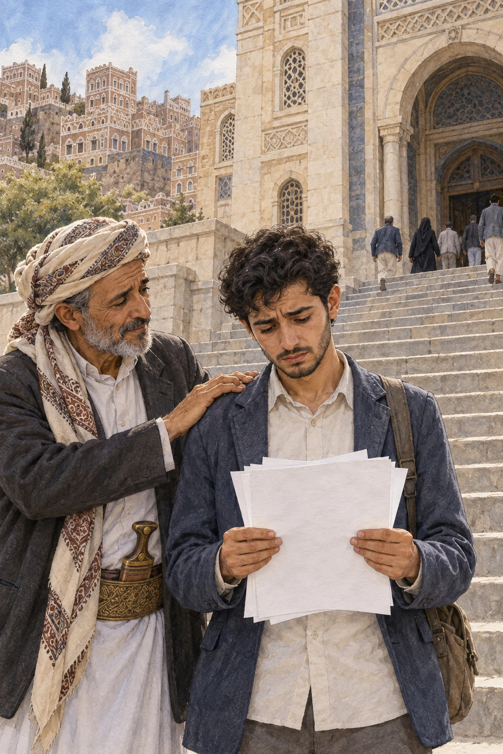 خريج يحمل أوراقه أمام مؤسسة وبجانبه قريب مساند
