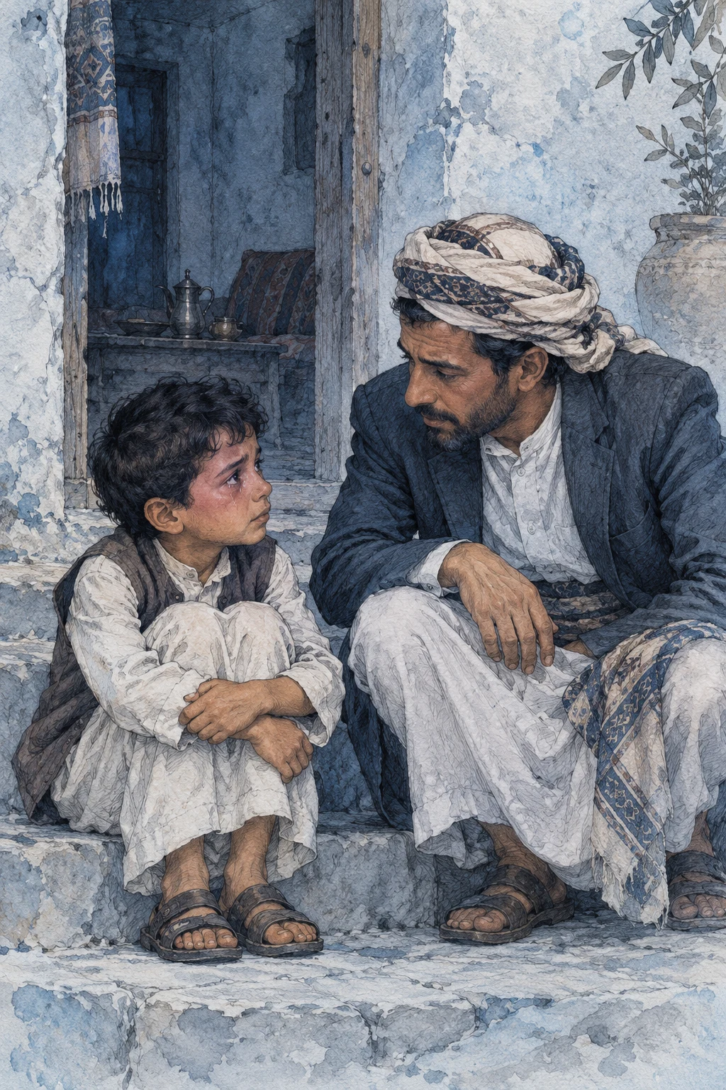 أب يمني يستمع برفق إلى طفله الحزين