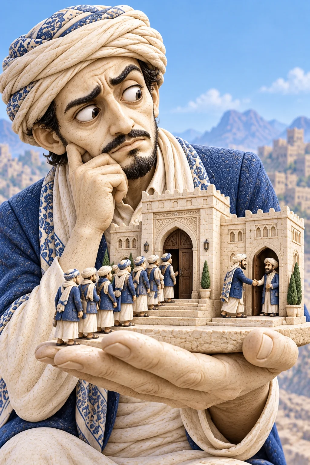 رجل يتأمل مؤسسة مصغرة وطابورًا أمام بابها وشخصًا يدخل بالواسطة